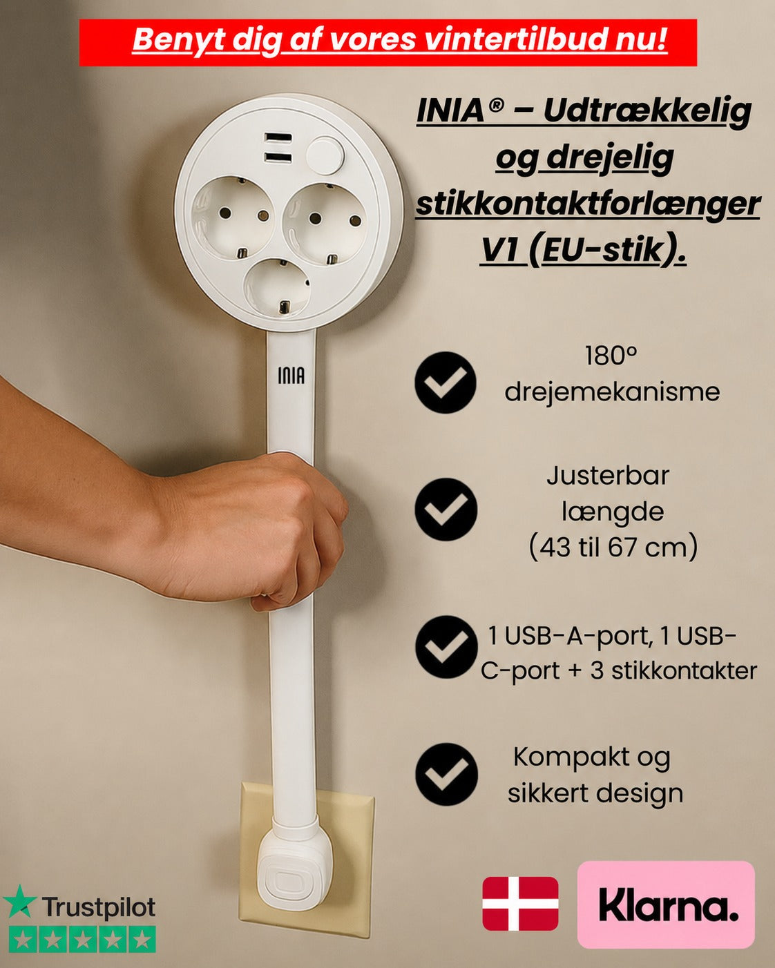 INIA® - Udtrækkelig og drejelig stikkontaktforlænger V1 (EU-stik)