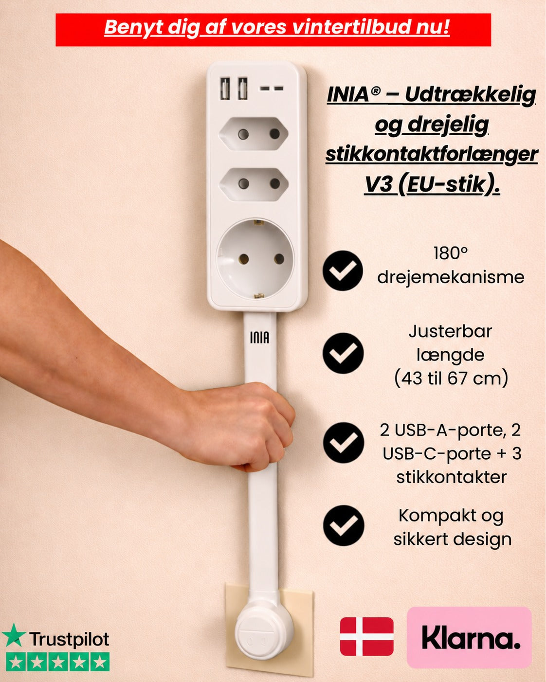 INIA® - Udtrækkelig og drejelig stikkontaktforlænger V3 (EU-stik)