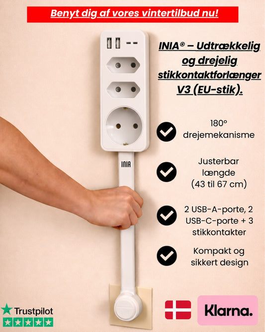 INIA® - Udtrækkelig og drejelig stikkontaktforlænger V3 (EU-stik)