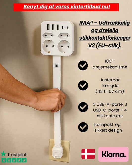 INIA® - Udtrækkelig og drejelig stikkontaktforlænger V2 (EU-stik)